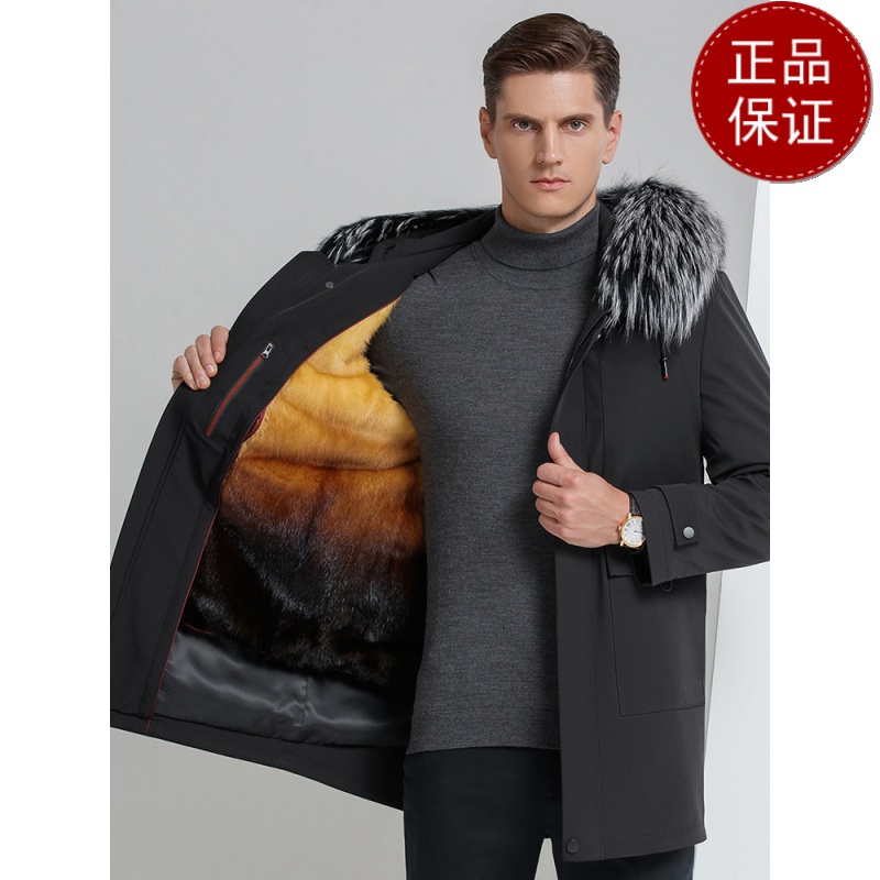 活里活面派克服男皮草狐狸毛领派克服男毛皮一体貂绒内胆中长款大衣皮草春秋装外套2024冬装新款皮草真皮大码外套男装高清大图