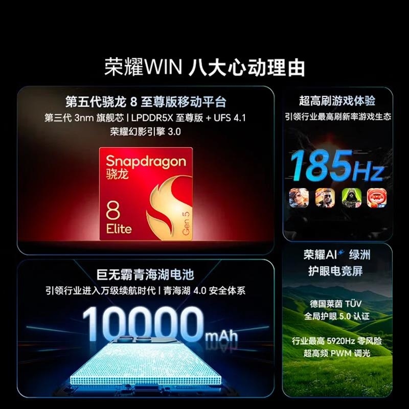 [全新]荣耀WIN 12+256GB 不怕蓝 10000mAh大毫安 第五代骁龙8至尊版 100W 涡轮散热 无线充电高清大图