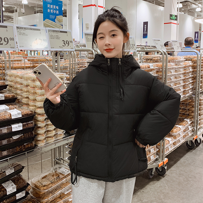 棉服女短款宽松连帽百搭设计感棉衣2023秋冬新款棉袄可爱时尚潮流_186 黑色 M
