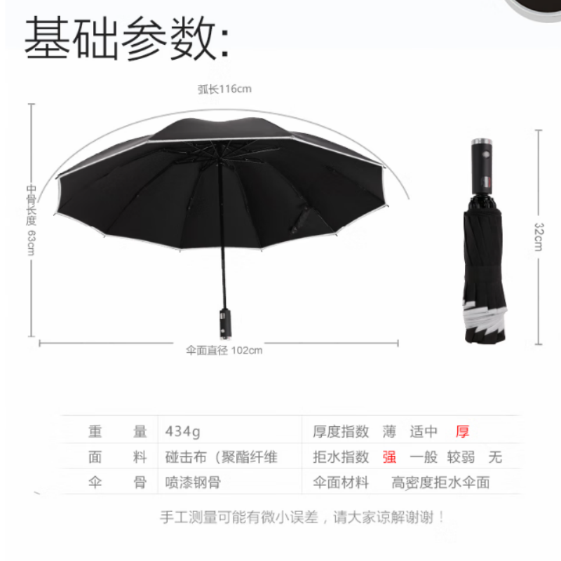 天堂全自动反向晴雨伞三折10K伞下102CM一键开收易甩干晴雨两用伞LED柄云炭黑高清大图