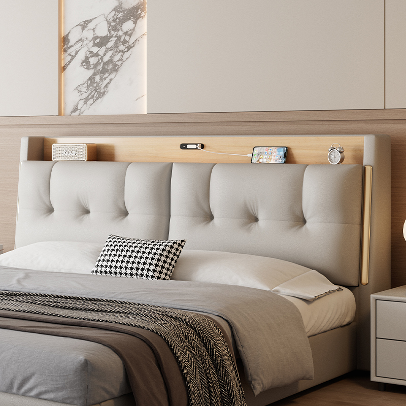 意式极简真皮床轻奢现代简约主卧室双人床家用实木储物床软包婚床高清大图