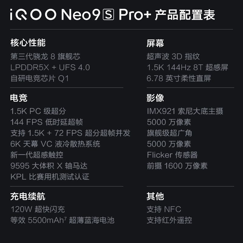 iQOO Neo9S Pro+ 16GB+512GB 格斗黑 全网通5G新品手机第三代骁龙8搭配自研电竞芯片Q1双芯120W闪充拍照游戏学生电竞性能手机