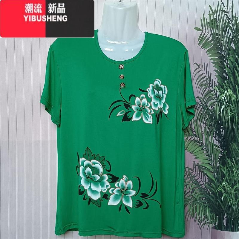 YIBUSHENG莫代尔妈妈短袖t恤中老年女装背心圆领弹力宽松奶奶汗衫老年上衣高清大图