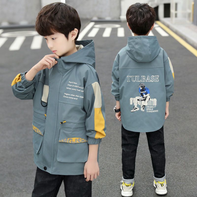 男童春装外套儿童8运动9春季10中长款休闲风衣13大童男装12岁男孩绿色