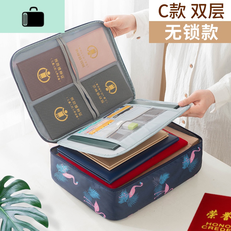 收纳包家用重要收纳盒大容量卡包家庭资料文件证书收纳包箱套NEW LAKE女士钱包/卡包 2层-无锁款【藏青火烈鸟】