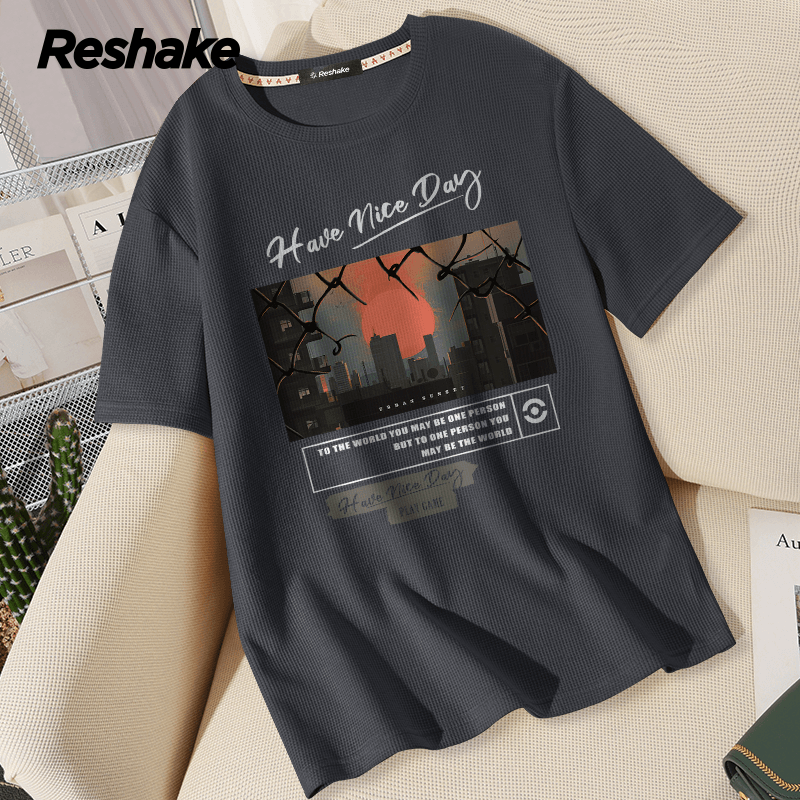 RESHAKE华夫格短袖t恤男港风夏季潮流百搭半袖体恤宽松大码上衣薄