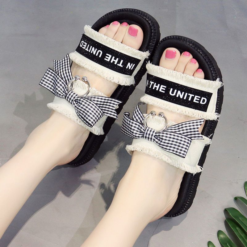 拖鞋女夏季韩版时尚防滑平底沙滩拖鞋蝴蝶结凉拖露趾学生外穿凉鞋黑色