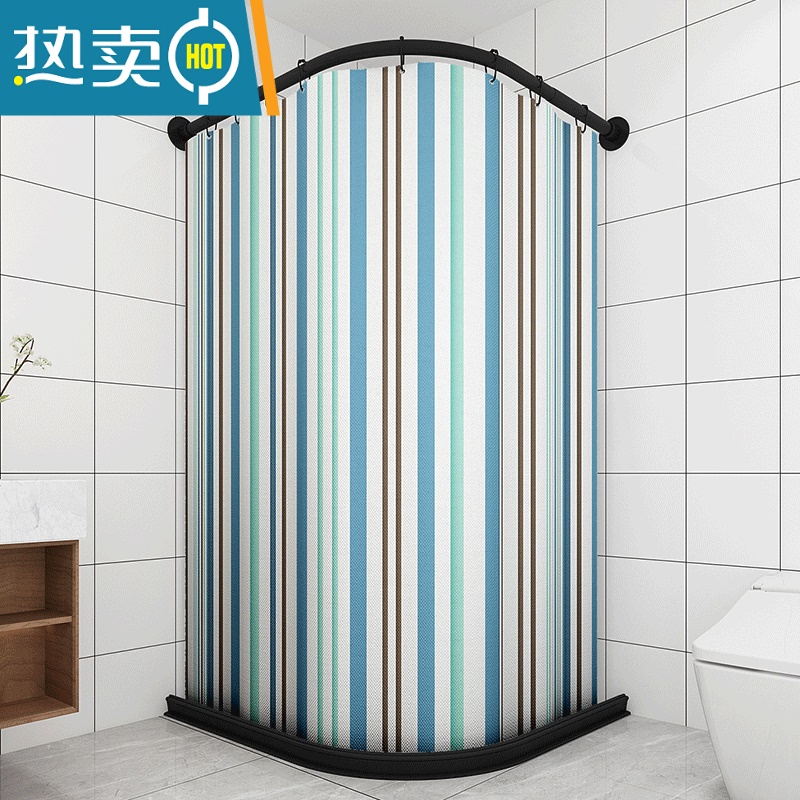 XIANCAI卫生间磁性浴帘套装免打孔浴室弧形浴帘杆可伸缩干湿隔断保暖浴罩 墙宽85*85磁挡水条+伸缩弧形杆+磁浴帘+金属环 北欧加厚浪漫条纹