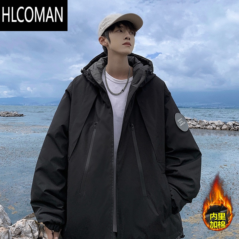 hlcoman美式高街机能连帽冲锋棉衣男冬季外套加肥大码潮胖人宽松工装
