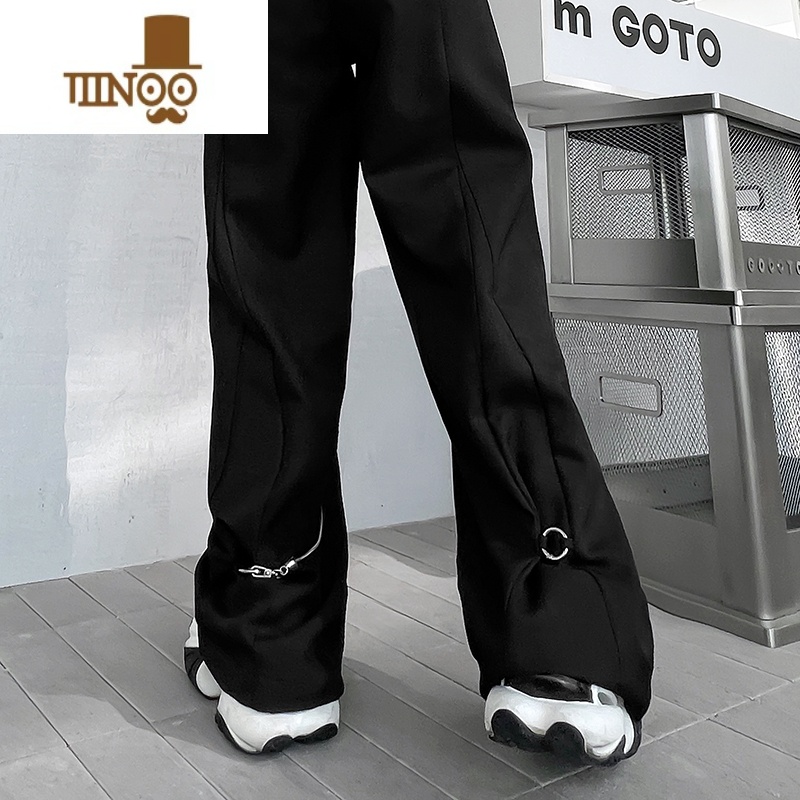 YANXU暗黑系金属链条装饰休闲阔腿裤男设计感时尚直筒长裤西裤拖地高清大图