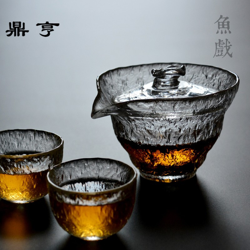 鼎亨初雪手工日式锤纹加厚耐热玻璃三才盖碗泡茶器手抓壶功夫茶具