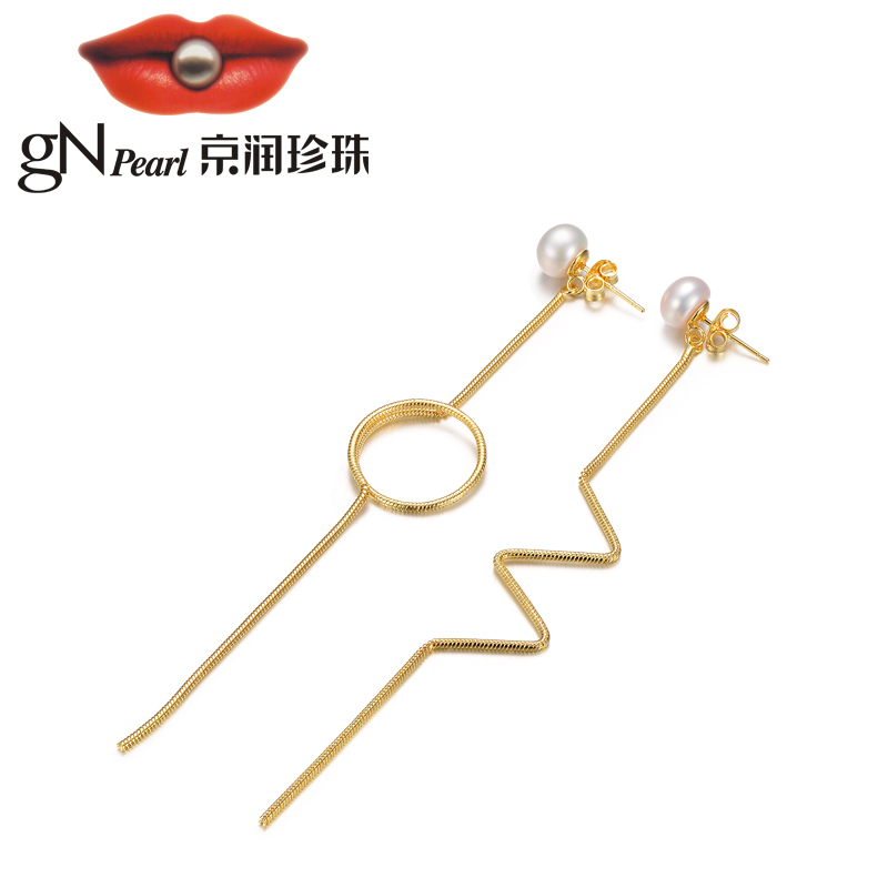 京润珍珠 梦之光 铜镶淡水珍珠耳钉耳坠8-9mm馒头珠简约线条 银泰同款 珠宝宠自己送妈妈
