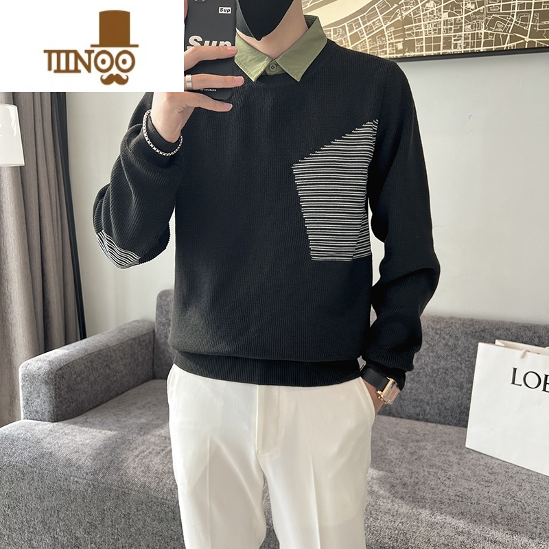 YANXU慵懒风假毛衣男士衬衫领网红设计感小众潮牌外穿针织衫高清大图