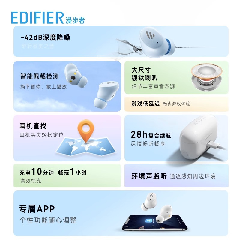 EDIFIER/漫步者TWS1 ANC蓝牙耳机入耳式真无线主动降噪运动新款pro游戏 星空蓝