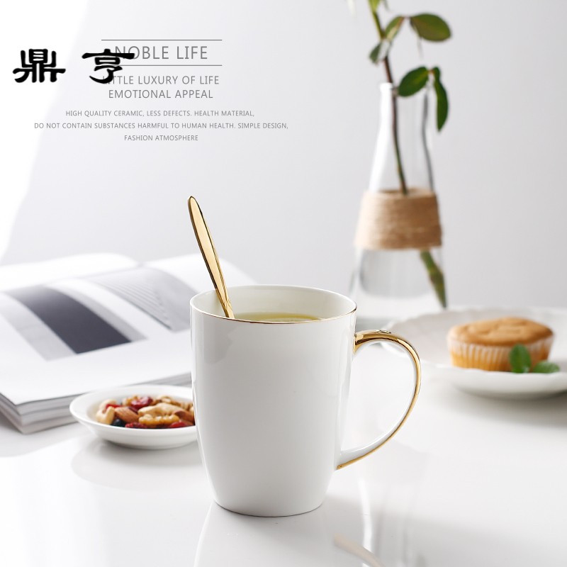 鼎亨 意式大号马克杯带盖勺 骨瓷大容量咖啡杯描金陶瓷水杯杯子