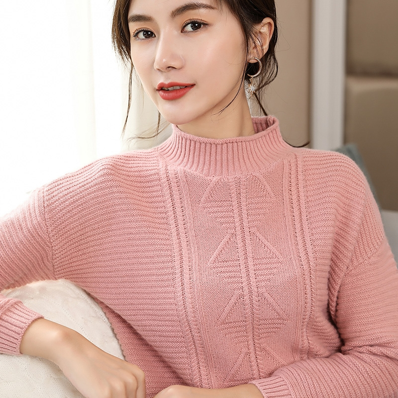 2018秋冬半高领卷边麦穗提花针织羊绒衫女修身加厚打底衫毛衣