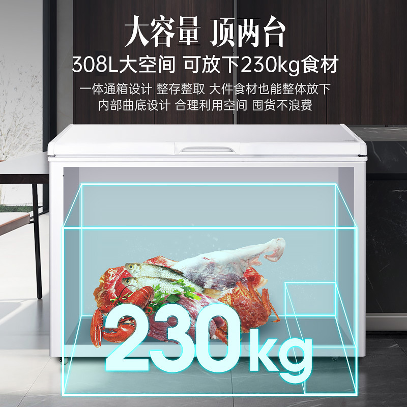 澳柯玛BC/BD-308HNE大容量家用冰柜一级能效减霜阻霜商用冷柜顶开冷冻冷藏冰箱