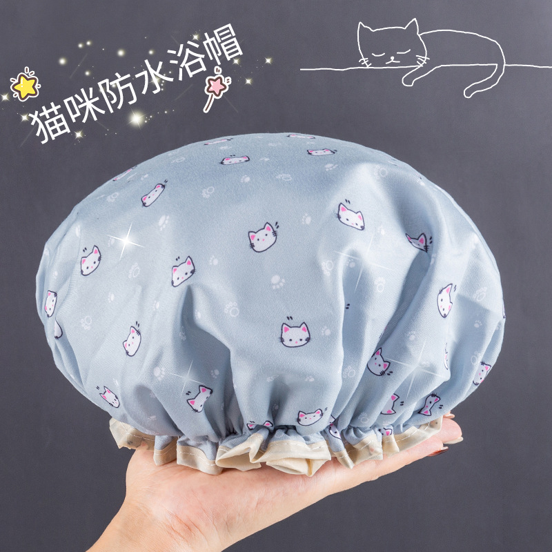 【补贴10%】双层浴帽女防水洗澡家用防油烟头套女童干发膜专用沐浴帽2024新款 【单独一个 无赠品】喵咪蓝