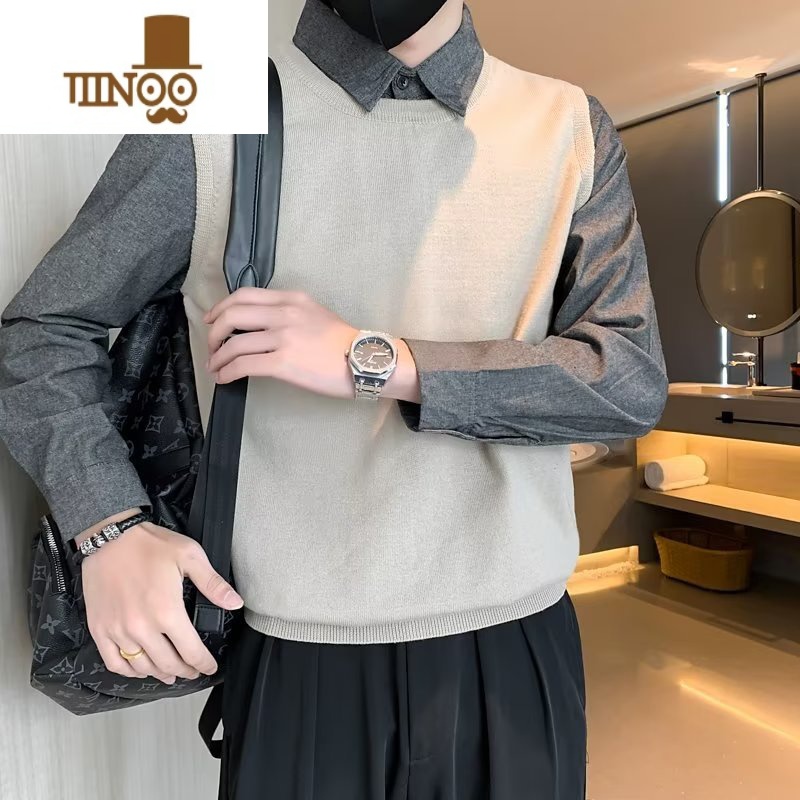 YANXU男士假衬衫领时尚内搭毛衣韩版潮流修身拼接打底针织衫高清大图