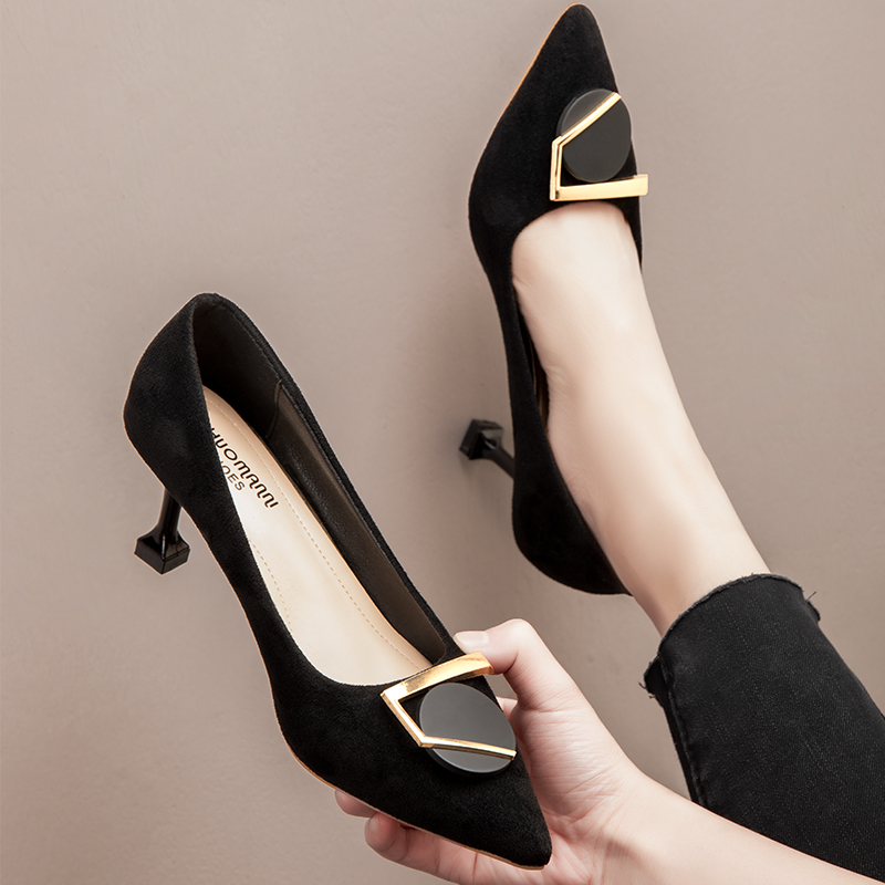 ideamini网红法式少女高跟鞋细跟尖头2020秋冬新款百搭小清新职业黑色