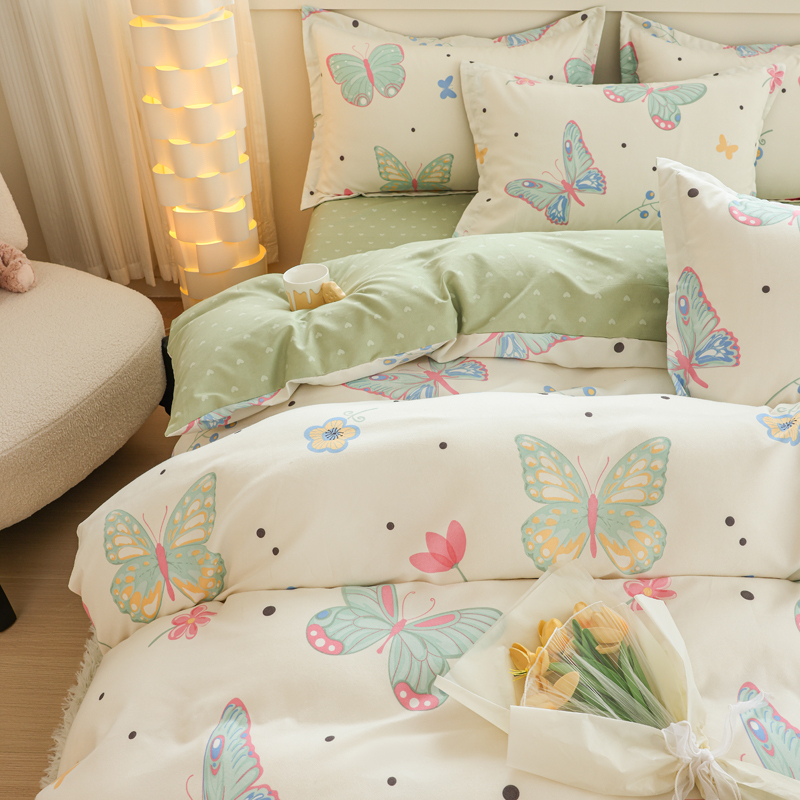 源木熊家纺蝴蝶翩翩植物羊毛绒四件套保暖亲肤透气床品套装防菌防螨卧室用品适用1.5-1.8米床被套200*230cm高清大图