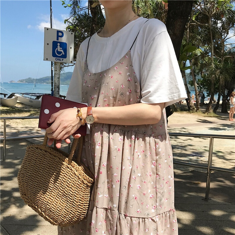 春夏女装韩版宽松气质小清新雪纺碎花带裙中长款显瘦连衣裙长裙白色均码