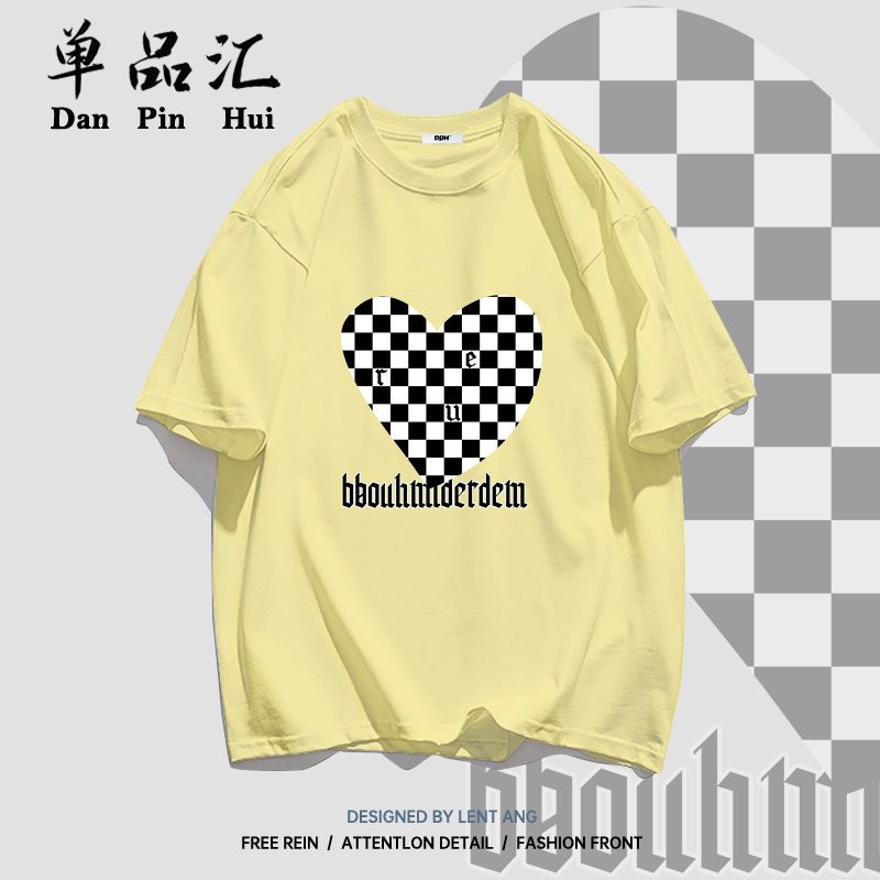 单品汇 纯棉T恤女学生夏季短袖新款棋格爱心印花百搭宽松慵懒上衣