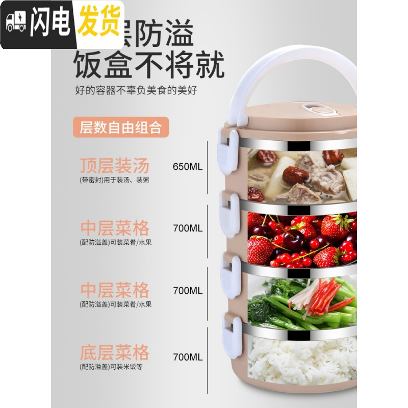 三维工匠304不锈钢保温饭盒成人学生密封食堂手提简约女保温桶多层便当盒 四层[北欧粉]+保温袋
