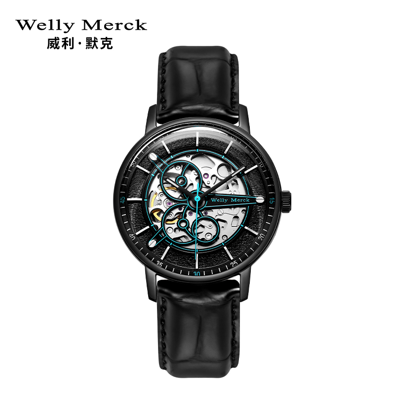 welly merck威利默克手表男新款自动机械表品牌正品防水时尚男表PIONEER系列镂空腕表WM026M 皮带款时尚全自动镂空机械手表