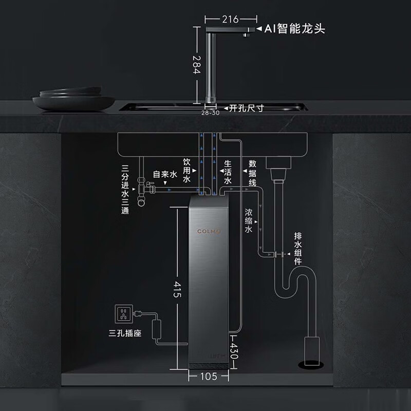 COLMO星图Pro系列家用净水器管线机套装 6年长效双RO反渗透滤芯 全管路杀菌AI挥手智控龙头 X1500Pro