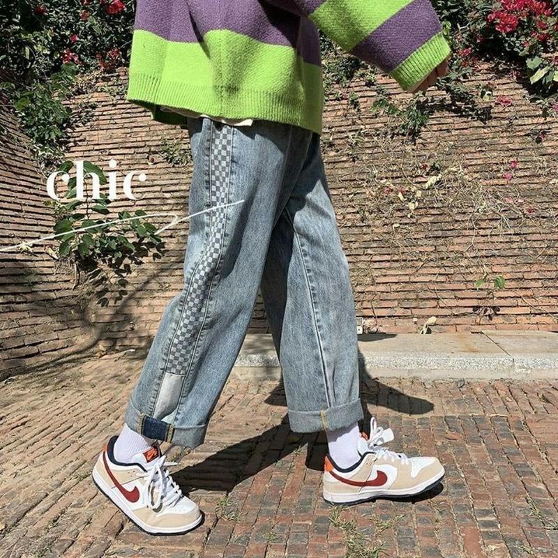 牛仔裤男春秋宽松韩版时尚潮流2021新款个性百搭高腰直筒chic裤子 E604黑色[高品质]送腰带 S