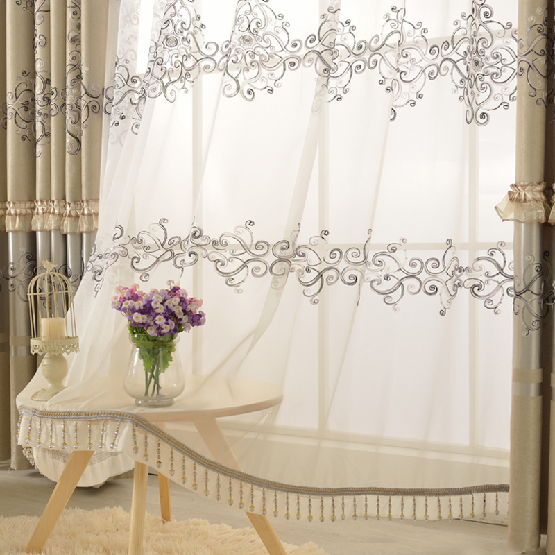 美帮汇简约欧式窗帘客厅卧室双面提花绣花窗帘 遮光飘窗落地窗窗帘成品 驼灰色配纱 2.5*2.3高挂钩一片