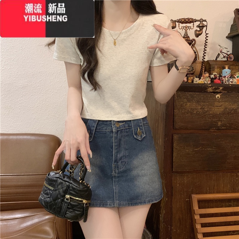 YIBUSHENG圆领正肩粉色t恤女短袖季美式修身短款高腰辣妹纯欲体恤上衣体 XL建议120-130斤 白灰色