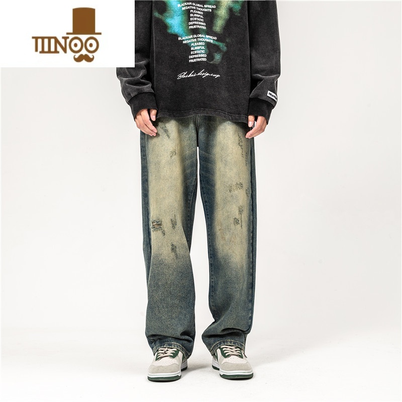 YANXU美式街头复古做旧水洗纹直筒痞帅牛仔裤男女潮牌嘻哈百搭长裤高清大图