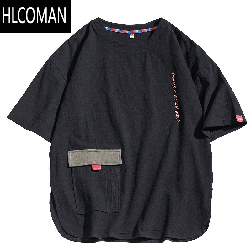 hlcoman工装短袖t恤男士宽松日系亚麻棉麻体恤冰丝衣服夏季薄款大码