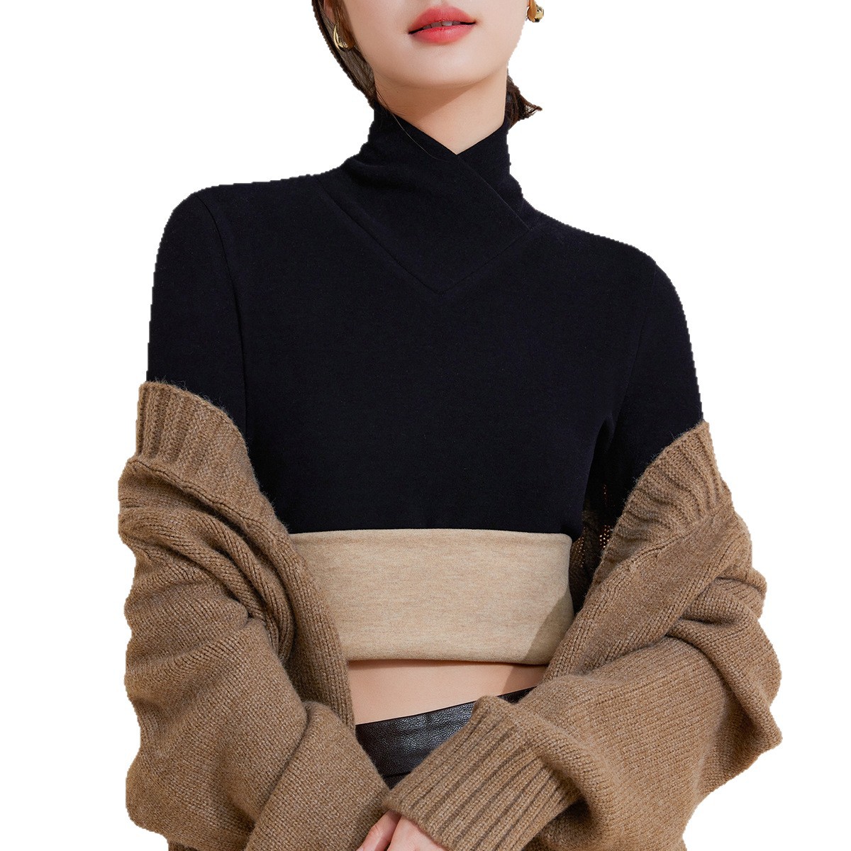 羊毛蚕丝交叉V领打底衫女秋衣保暖衣双面绒内搭T恤加绒加厚上衣冬高清大图