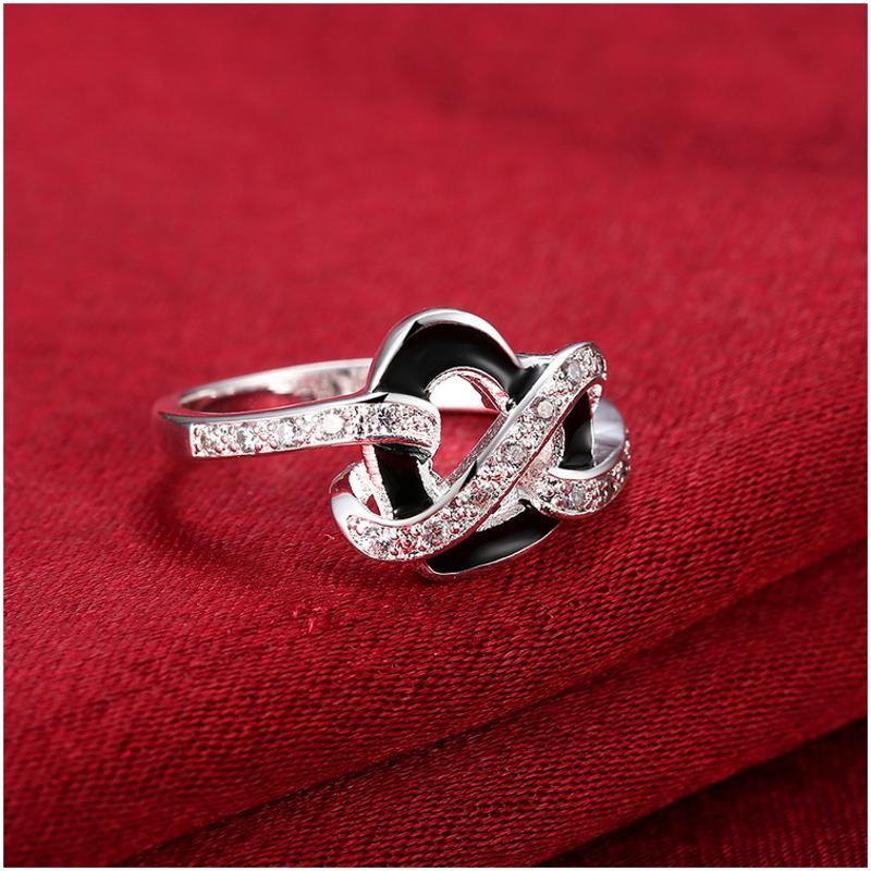 silver rings 黑色滴油水晶戒指日韩指环心形戒子女生送女朋友七夕