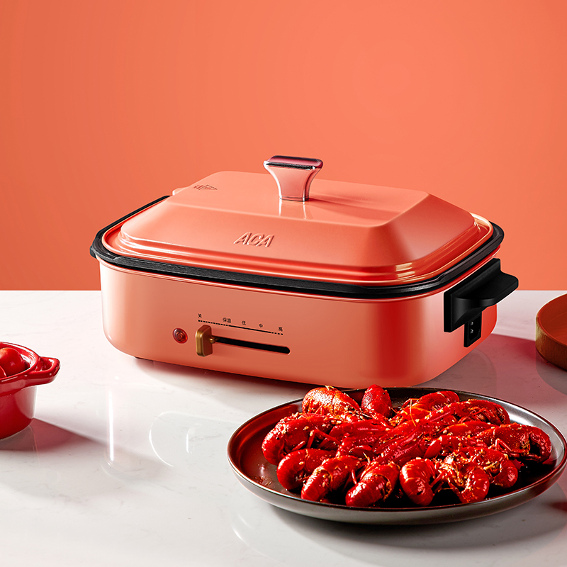 北美电器(ACA)多功能料理锅AH-MP1200 家用多功能锅料理锅 电烧烤锅电火锅蒸锅家用电烤锅烤肉机 橘色标配