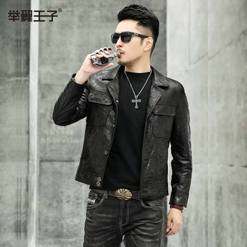 举翼王子新款男士皮草复古小牛皮翻领皮衣真皮短款单排扣夹克时尚商务休闲男式纯皮上装