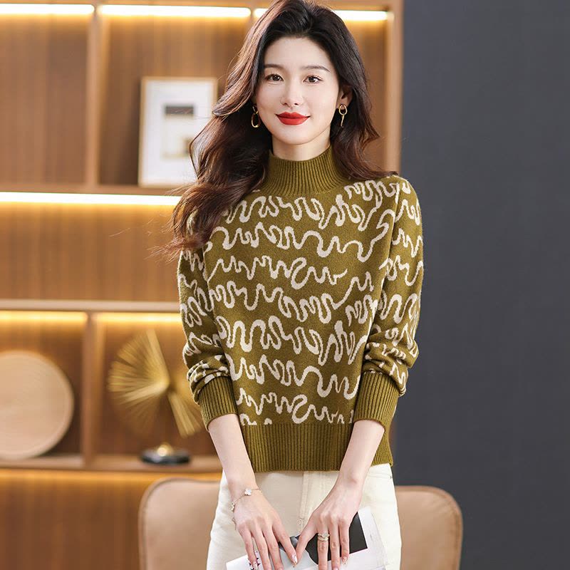 春春秋羊绒衫女半高领春秋装新款加厚羊毛衫女套头针织衫印花显瘦打底毛衣女专柜正品套头女士毛衣高端羊绒衫年轻漂亮打底衫女装图片