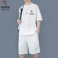 啄木鸟华夫格休闲套装夏季冰丝短袖t恤卫衣帅气潮牌运动男士衣服 2XL149-165斤 白色套装