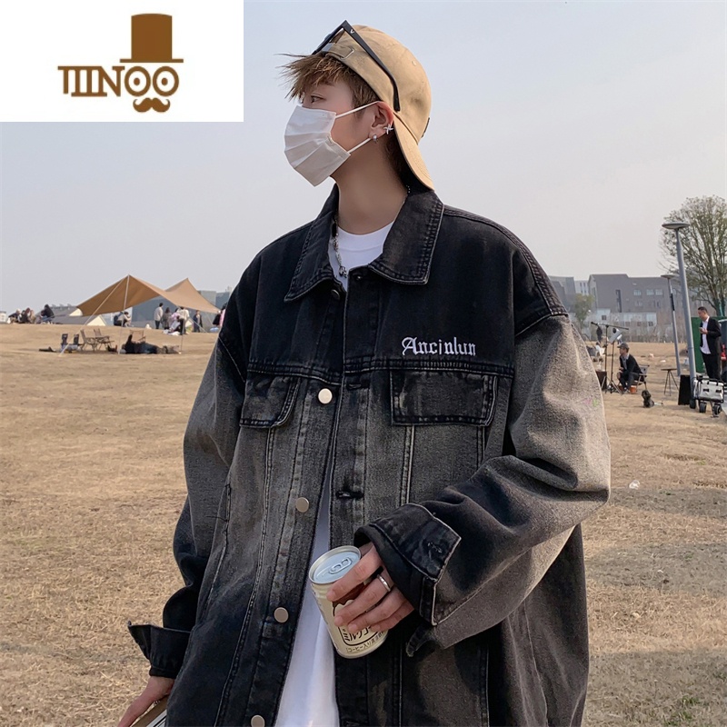 YANXU水洗牛仔外套男款秋季美式高街痞帅宽松百搭渐变做旧翻领夹克上搭高清大图