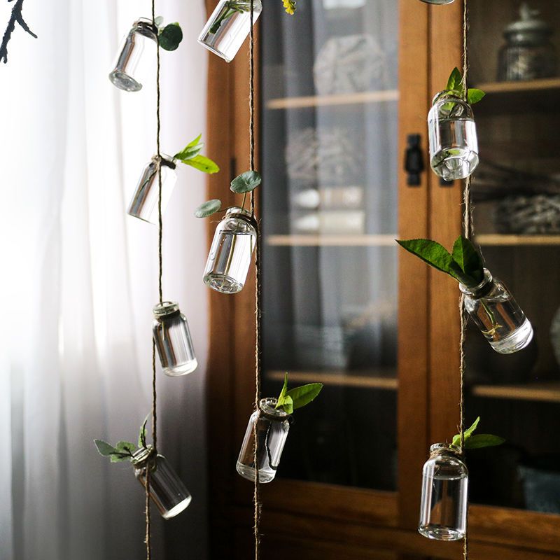 小号透明玻璃瓶串植物吊挂创意悬挂玻璃花瓶插花水培麻绳挂件装饰大号