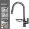 汉德斯科厨房拉伸伸缩水龙头冷热菜盆水槽水龙头铜阀体304不锈钢可抽拉式可旋转双控出水单孔单把带置物篮7016