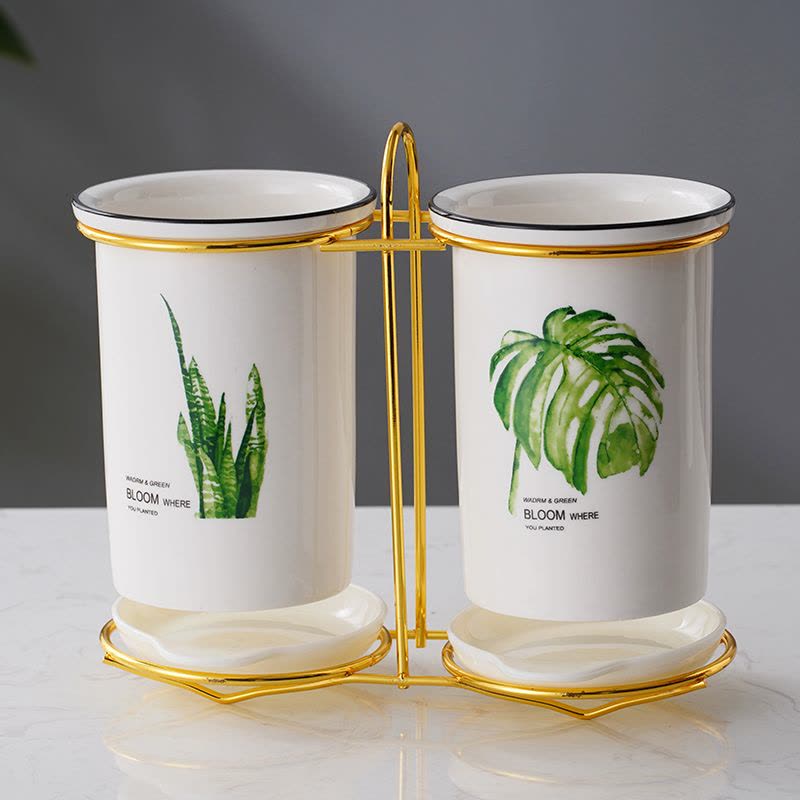 北欧筷子篓陶瓷筷子架家用沥水厨房筷子筒勺子收纳置物架筷盒 敬平 万年青[金色款]筷笼图片