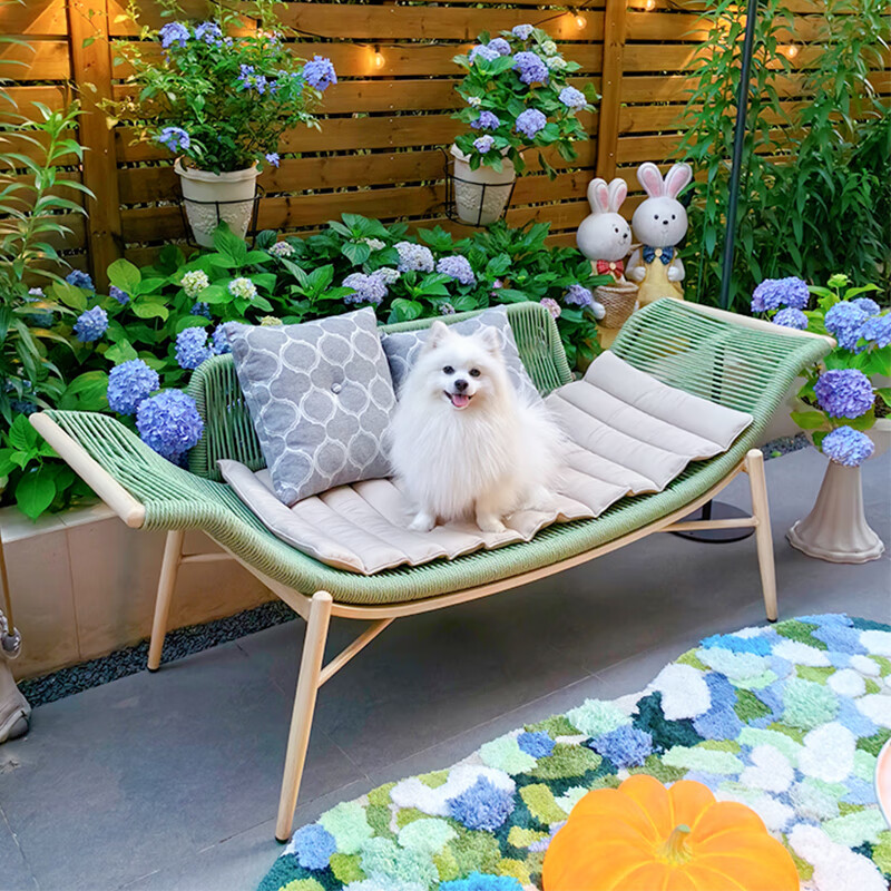 紫叶檀花贵妃椅阳台躺椅藤沙发单人小户型卧室家用简约民宿贵妃榻 加高贵妃椅-果绿色