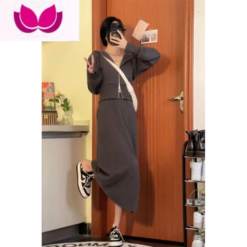 七斓时尚休闲运动风套装女高级感连帽外套高腰开叉半身长裙套图片