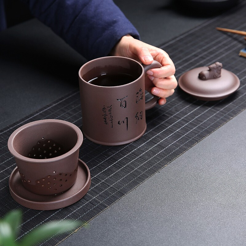 金镶玉 海纳百川四件套紫砂杯 宜兴原矿紫砂茶杯泡茶杯茶水分离杯茶缸功夫茶具 480ml高清大图