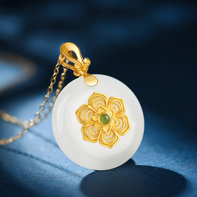 印象眸古法传承系列足金镶和田玉吊坠黄金镶羊脂白玉平安扣女款玉石