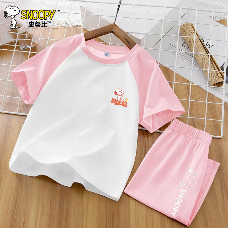 史努比(SNOOPY)儿童套装夏季薄款纯棉短袖女童空调服男孩睡衣休闲家居服套22TI01高清大图